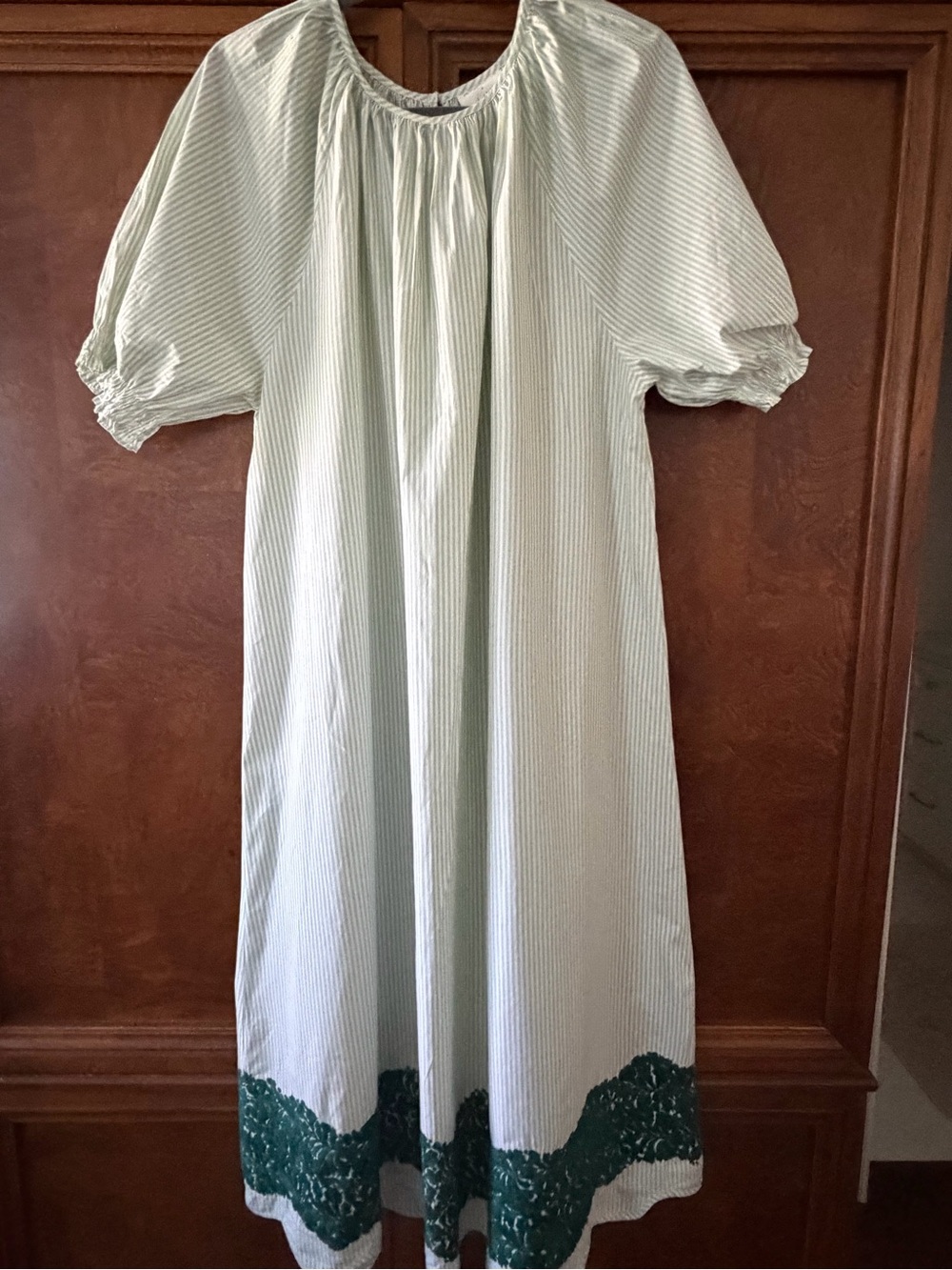Light Green Striped Dress with Dark Green Embroidered Hem